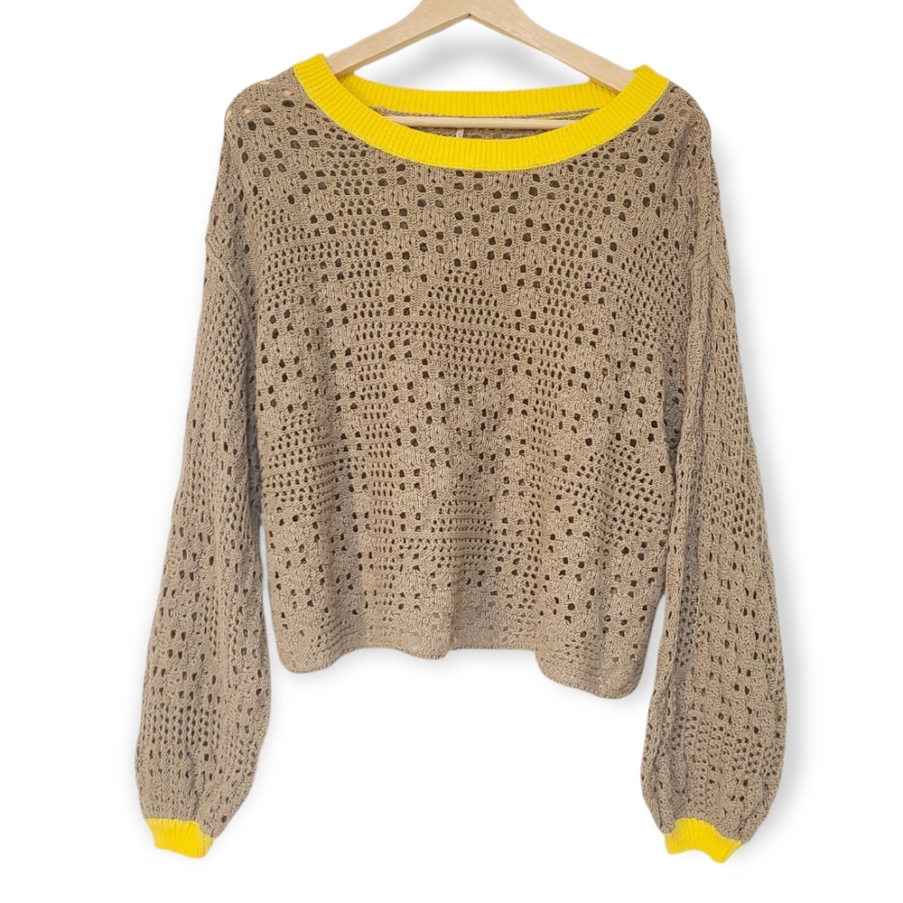 Free People Home Run Open Knit Cropped Balloon Sweater - Picture 3 of 8